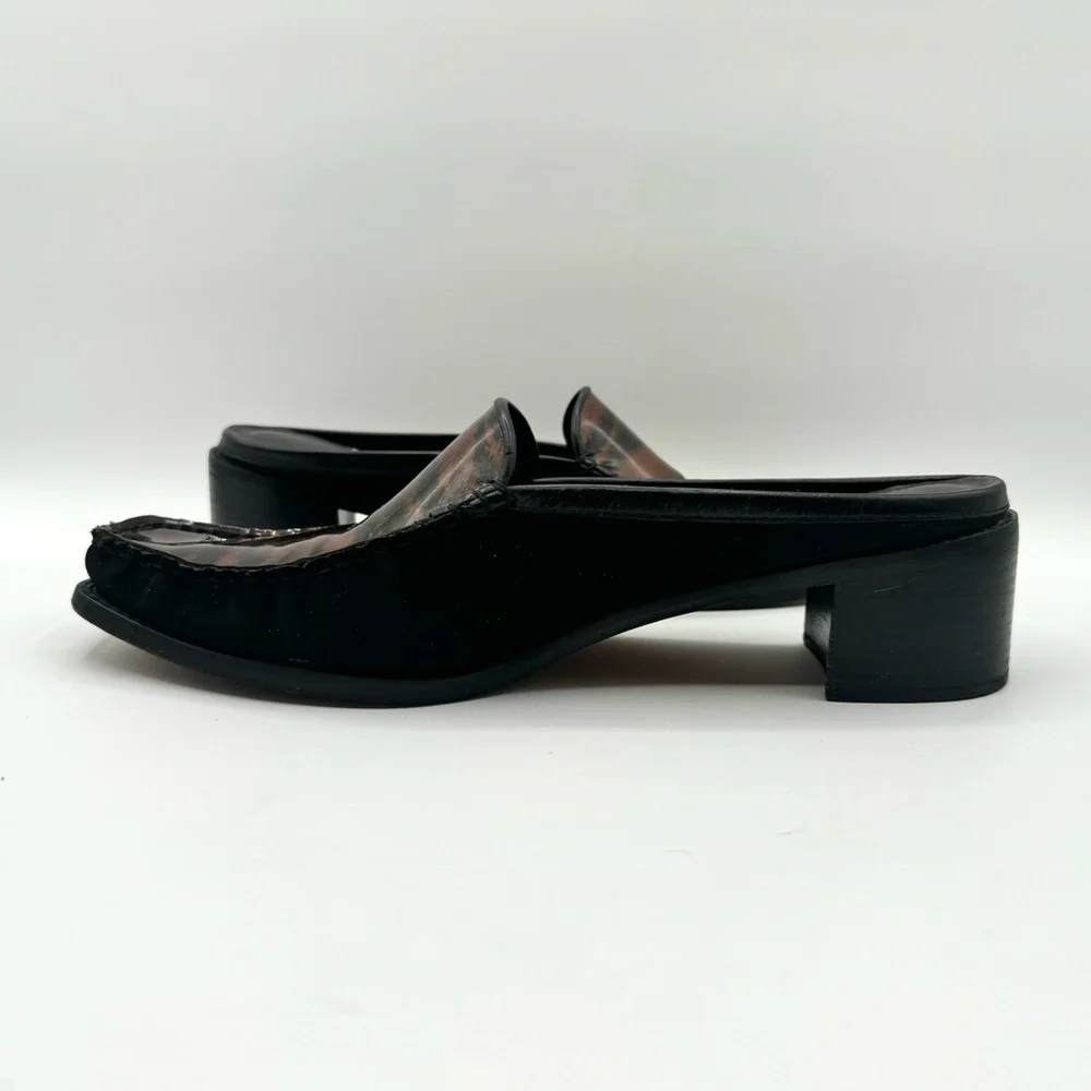 STUART WEITZMAN VINTAGE BLACK BROWN SHOE ANIMAL PRINTS SLIP ON SHOE BLOCK HEELS - Picture 13 of 16